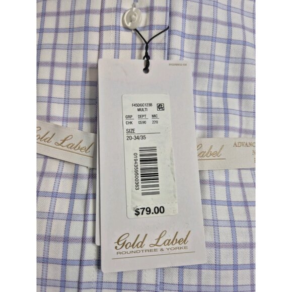 Roundtree & Yorke Mens Dress Shirt Gold Label Size 20 36-37 White Blue Pur  (01) - Picture 5 of 5